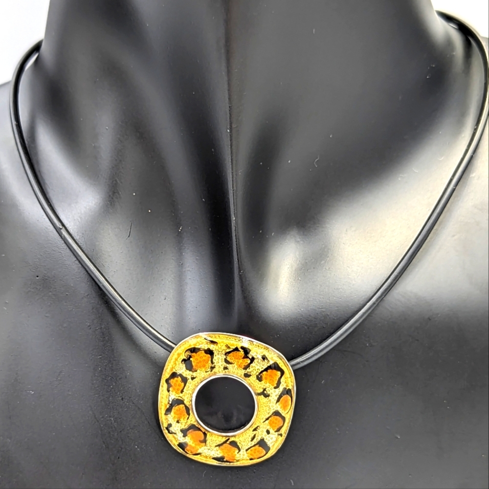 David Sigal Sterling Leopard Print Pendant on Vinyl Cord with Silver Clasp